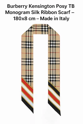 Bufanda Burberry Kensington Posy TB Monograma Cinta Seda - 71" x 3" Hecha en Italia Foto 1 de 4