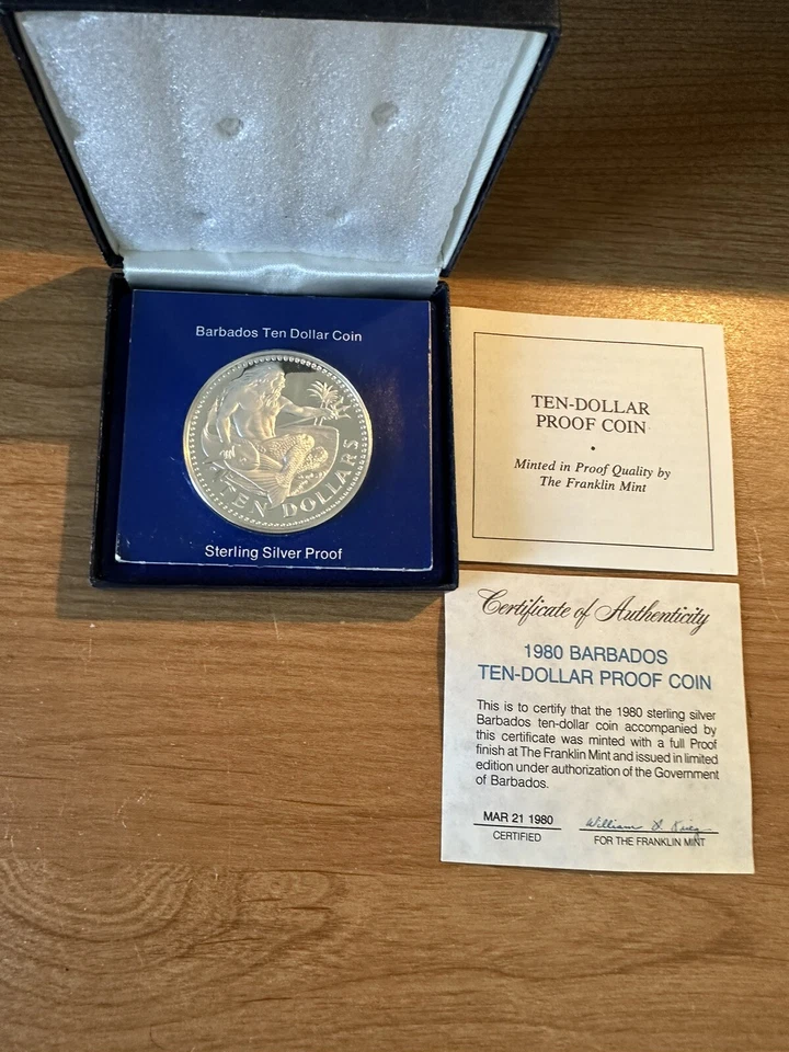 1980 Barbados Ten Dollar Sterling Silver Proof Coin NEW w/ Certificate - Image 1 of 2