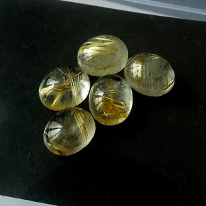 Natural Golden Rutilated Quartz Cabochon 9X11 mm Round Cut Gemstone 5 Pieces Lot - Picture 1 of 3