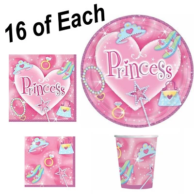 Princess Birthday Party Supplies Plates Napkins Cups + Small Napkin - SERVES 16 - Image 1 of 4