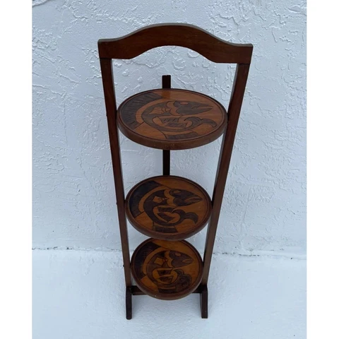 Vintage 3-Tier Solid Wood Round Carved Folding Table Pie Stand Plant Shelf 38.5" Cover