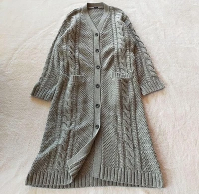 Cárdigan largo ICHI / ICHI Antigüedades mezcla de lana patrón Aran usado - Imagen 1 de 4