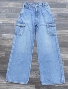 Old Navy Girls 14 High Rise Baggy Wide Leg Jeans Cargo Flare Adjust. Waist 24x27 - Picture 1 of 8