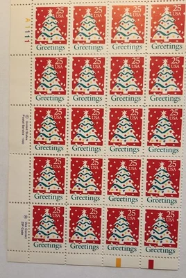 US Stamps Scott 2516 Christmas Greetings 25c 1990 Never Folded Blk Pane of 20 - Image 1 of 2