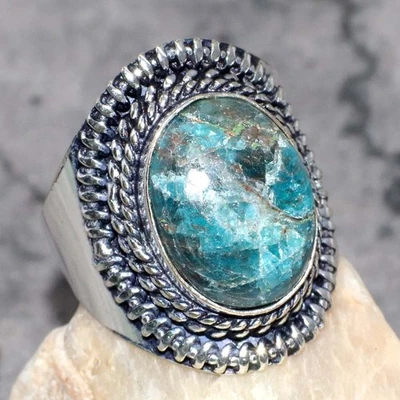 Anillo étnico de apatita azul enchapado en plata 925 talla US 6 GW Foto 1 de 3
