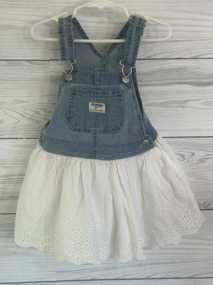 Oshkosh Girls Sz 3T  Denim Bib Overall Jumper Dress white eyelet 115 - Image 1 of 3