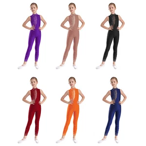Kids Girls Jumpsuit Sleeveless Unitard Shiny Bodysuit Rhinestones Leotard Mesh - Picture 1 of 62