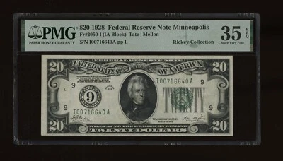 DBR 1928 $20 FRN Minneapolis Numeral Fr. 2050-I PMG 35 EPQ Serial I00716640A - Image 1 of 2