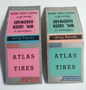 Atlas Tires / William Green Hardware Trout Lake MI Unused Matchbook Lot of 2 - Picture 1 of 5