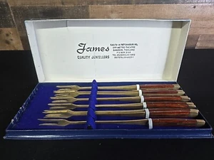 Mid Century James Quality JQ Wood & Brass Forks 10” Long Used - Picture 1 of 3