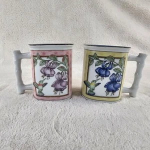 Takahashi Vintage Hummingbird Floral Coffee Tea Mug Bamboo Shaped Handle 2 Set - Picture 1 of 10