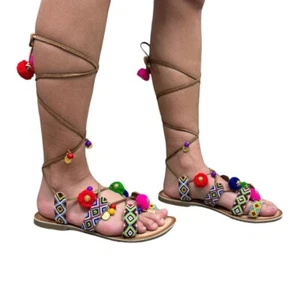 Chinese Laundry Sandals Womens Size 8 Posh Leather Leg Tie Pom Pom Beaded Flats - Picture 1 of 12