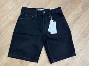 BERSHKA STRETCHY DENIM BLACK HIGH WAIST LONGLINE SHORTS SIZE EUR 36 UK 8 BNWT - Picture 1 of 14