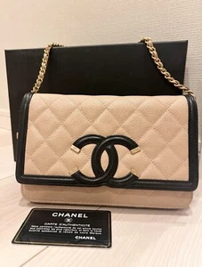 CHANEL Filigree Wallet on Chain Quilted Caviar Shoulder Bag Beige Blak Gold - Picture 1 of 9