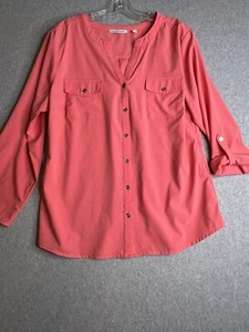 Notations Top XL Peach Pink Button Up Women's Roll Tab Sleeve V-Neck Imperfect - Picture 1 of 17