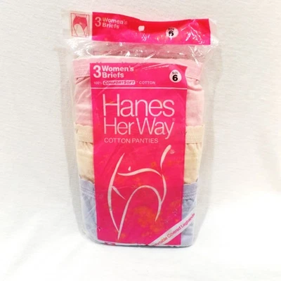 全新! 复古 1988 Hanes Her Way 棉内裤。 3 包 6 码 多色 — 第 1/2 张图片