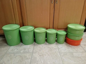 Vintage 7er Set apfelgrün, 1 orange Tupperware Stapelkanister Behälter - Bild 1 von 18