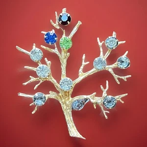 1960s Sarah Coventry TREE OF LIFE Multicolor Rhinestone Pin Brooch Gold Tone VTG - Picture 1 of 9