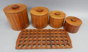 Mid century teak wood nesting kitchen canister set Otagiri Japan w trivet MCM - Picture 1 of 6