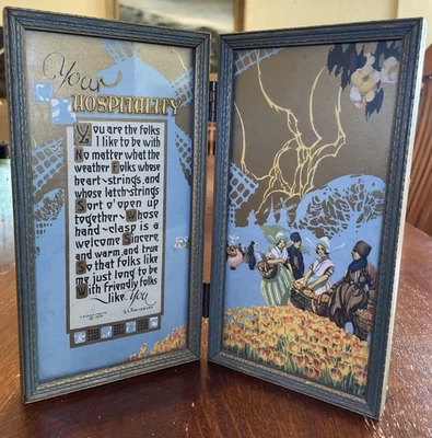 ANTIQUE BUZZA MOTTO 1926 HOSPITALITY DIPTYCH FRAMED VINTAGE PRINT FRIENDS POEM - Image 1 of 4
