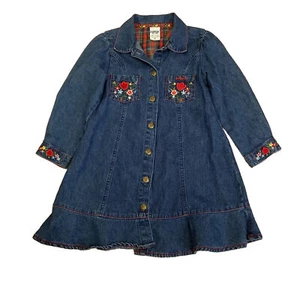 Oshkosh size 4 girl Denim jean dress long sleeve embroidered flowers and tulips - Picture 1 of 10