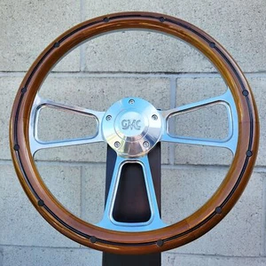 14" Billet Steering Wheel Wood Black Rivet Half Wrap Retro GMC Horn Button - Picture 1 of 4