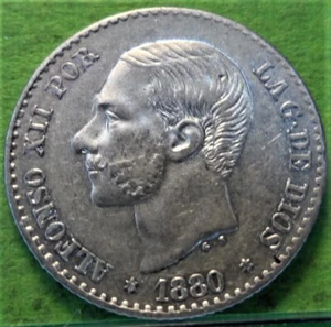 aUNC, ALFONSO XII, 50 Céntimos, 1880 *8-0, Silver, Parts of original shine. - Picture 1 of 2