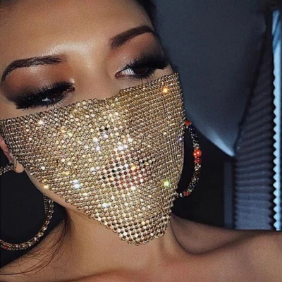Shiny Rhinestone Bling Metal Mesh Masquerade Arabic Cover Up Rave Half Face Mask - Image 1 of 4