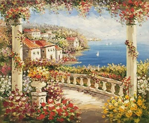 Terraza Mediterránea #4J-B7, 20x24 - Pintura al óleo sobre lienzo 100 % pintada a mano - Imagen 1 de 6