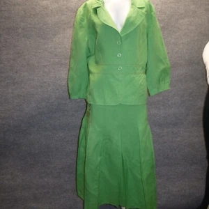 Monroe & Main 2pc Suit Women 14 Green Linen Blend Skirt Pleats Jacket Embroider - Picture 1 of 14