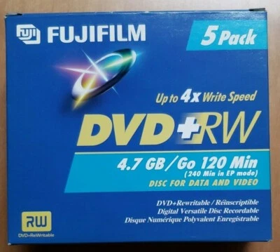 New Sealed 5 pack Fuji film DVD RW 4.7GB 120 Min Disc 4X Write Speed 240 Min EP - Image 1 of 2