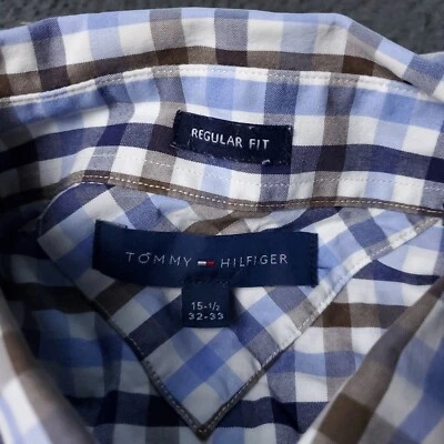Camisa masculina Tommy Hilfiger botão 15.5 32/33 manga longa azul marrom bolso - Imagem 1 de 4