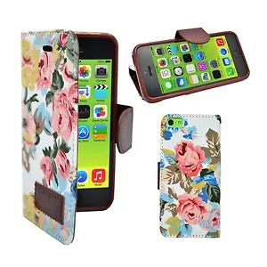 CASE FOR APPLE IPHONE 5C CLASSIC VINTAGE WALLET FLIP WHITE MULTI FLOWER COVER - Picture 1 of 4