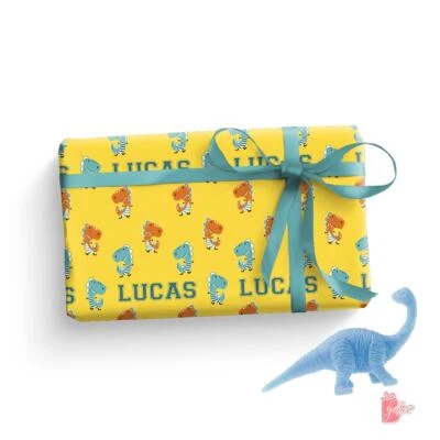 Name Personalized Wrapping Paper w/ T-Rex Dinosaur Jungle Dino Theme Gift Wrap - Image 1 of 4