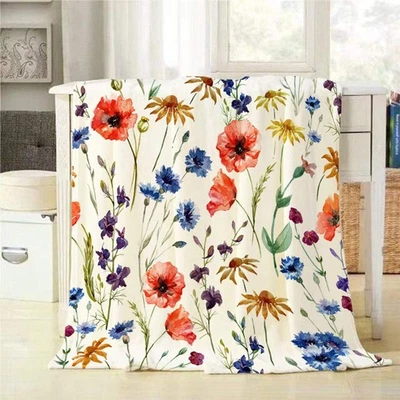 Wildflowers Throw Blanket Colorful Watercolor Flowers Poppy Cornflower and Ch... - Image 1 of 4