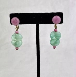 Vintage Hand Blown Art Glass Clip Screw Back Dangle Earrings Pink Green Jewelry - Picture 1 of 10