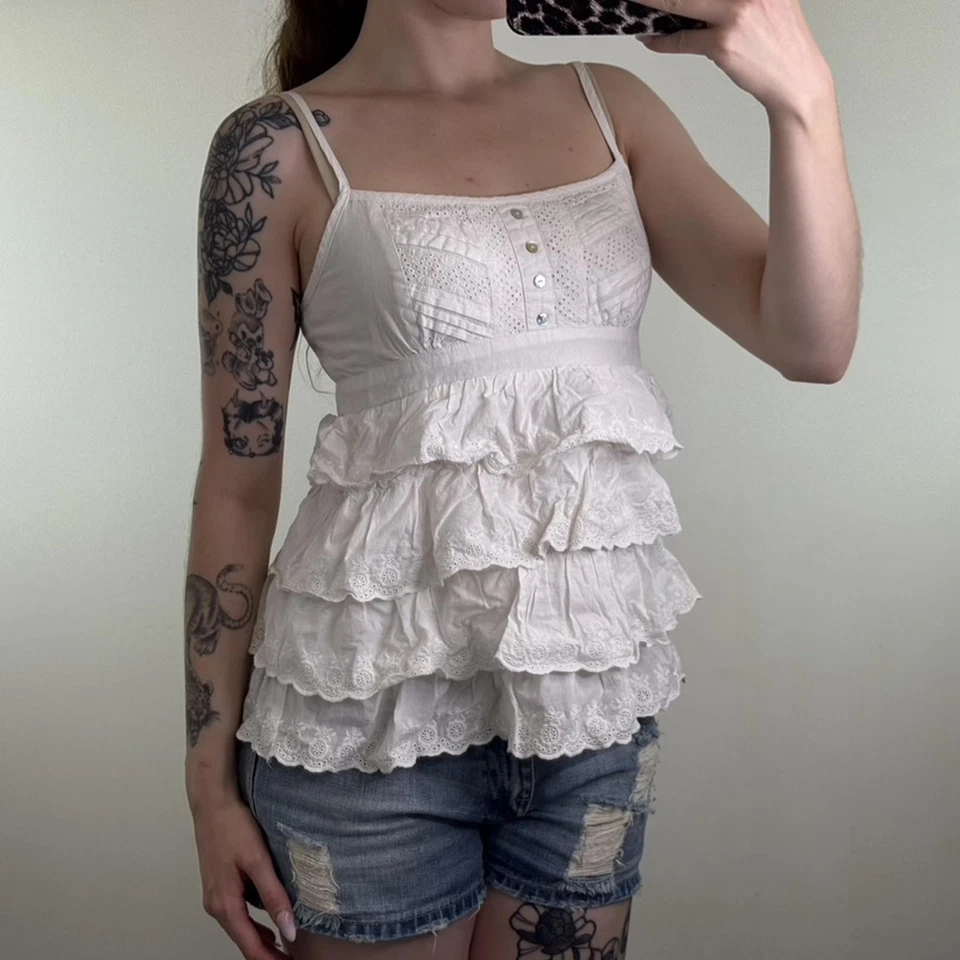 Y2K vintage ruffle cami top strappy broderie anglaise buttons frill - Image 1 of 4