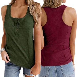 Women Camisole Vest Tops Summer Casual Tees Pure Color Ribbed V Neck Sleeveless - Picture 1 of 22