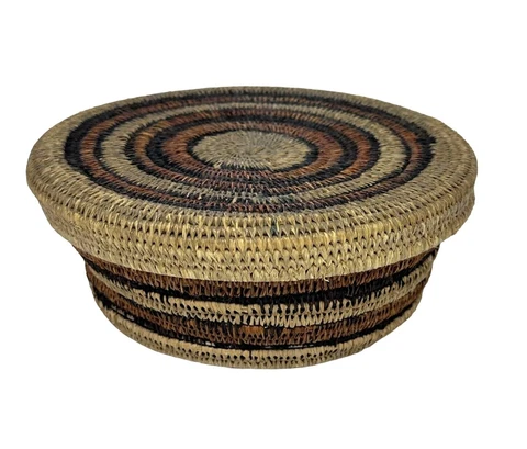 Vintage Woven Circle Basket with Lid African or Native Cover