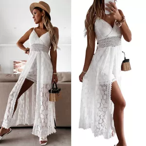 Boho Damen V-Neck Spitze Sommerkleid Strandkleid Lang Maxikleid Ärmellos kleid - Bild 1 von 11