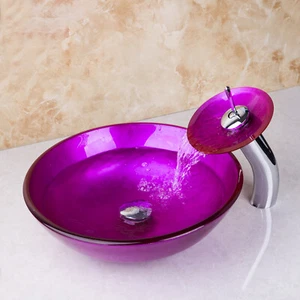 Pink Bathroom Glass Vessel Sink Basin Bowl Combo Waterfall Mixer Tap Waste Drain - Picture 1 of 12