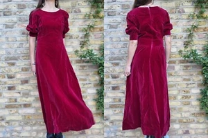 VELVET MAXI DRESS M 12 evening winter Burgundy Red vintage boho goth peasant 70s - Picture 1 of 11