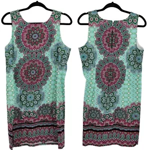 Vintage Maggie L Dress 14 Green Cotton Stretch India Medallion Sleeveless Shift - Picture 1 of 9