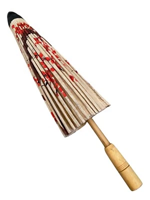 Vintage Handpainted Japanese Bamboo Rice Paper Umbrella Parasol Cherry Blossoms - Image 1 of 4