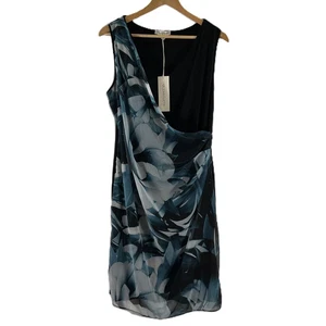 Rocha John Rocha Black & Blue Sleeveless Floral Mesh Layered V-Neck Dress UK 14 - Picture 1 of 9