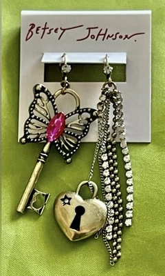 BETSEY JOHNSON Boho Butterfly Key Crystal Heart Mismatched Drop Earrings - NEW! - Image 1 of 3