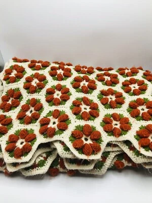 Vintage Crocheted Burnt Orange Green Granny Knit Blanket 63”x43” - Image 1 of 4
