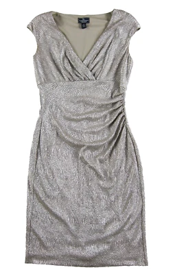 American Living Silver Metallic Stretch Cap Sleeve V-Neck Sheath Dress Women 6 - Image 1 of 4