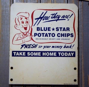 ESTANTE DE EXHIBICIÓN DE METAL PINTADO CON PATATAS FRITAS ESTRELLA AZUL TOPPER LETRERO DE DISTRIBUIDOR CIRCA 1950 - Imagen 1 de 18