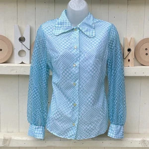 Vintage 1970s Shirt Blouse Blue Dogtooth Beagle Penny Collar 38” Bust St Michael - Picture 1 of 10